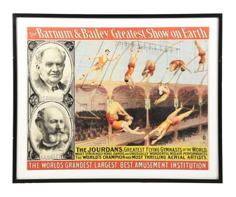 THE BARNUM & BAILEY "GREATEST SHOW ON EARTH" PAPER LITHOGRAPH CIRCUS POSTER W/ TRAPEZE GRAPHICS