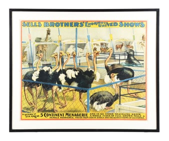 SELLS BROTHERS ENORMOUS UNITED SHOWS PAPER CIRCUS POSTER W/ OSTRICH GRAPHIC