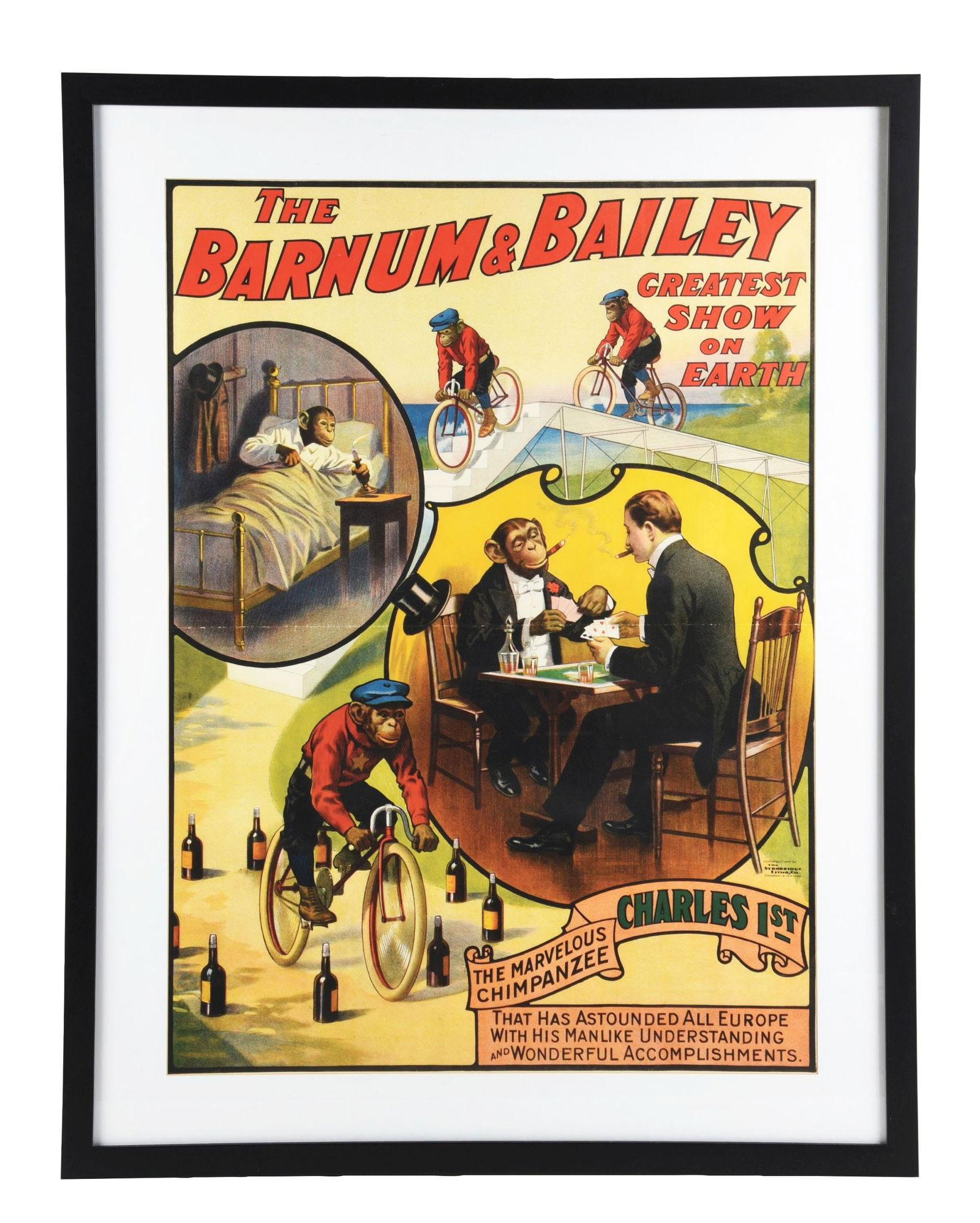 BARNUM & BAILEYS "THE GREATEST SHOW ON EARTH" MARVELOUS CHIMPANZEE PAPER LITHOGRAPH W/ CHIMPANZEE (1 of 3)