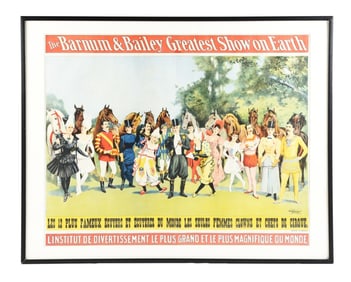 THE BARNUM & BAILEY "THE GREATEST SHOW ON EARTH" EUROPEAN CIRCUS POSTER W/ HORSE & CLOWN GRAPHIC