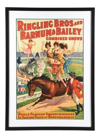 RINGLING BROS AND BARNUM & BAILEY COMBINED SHOWS PAPER LITHOGRAPH POSTER W/ EQUESTRIANNES GRAPHICS
