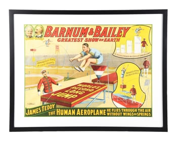 THE BARNUM & BAILEY "GREATEST SHOW ON EARTH" PAPER LITHOGRAPH SHOW POSTER W/ LONG JUMP GRAPHIC