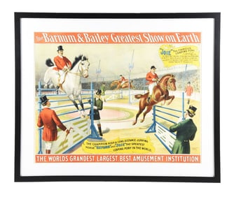 THE BARNUM & BAILEY "THE GREATEST SHOW ON EARTH" PAPER LITHOGRAPH POSTER W/ HIGH & LONG JUMPING