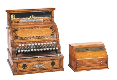 LOT OF 2: OAK CASH REGISTER & OAK COIN SORTER