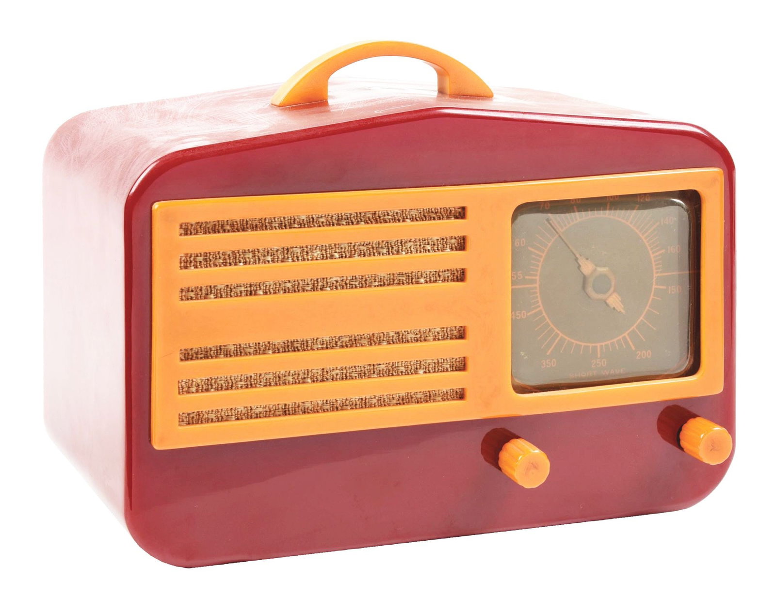 CATALIN RADIO: This particular Catalin radio has no identification features, and comes in burgundy and butterscotch. It has the original dial and original knobs, but without its back panel. CONDITION: The radio show