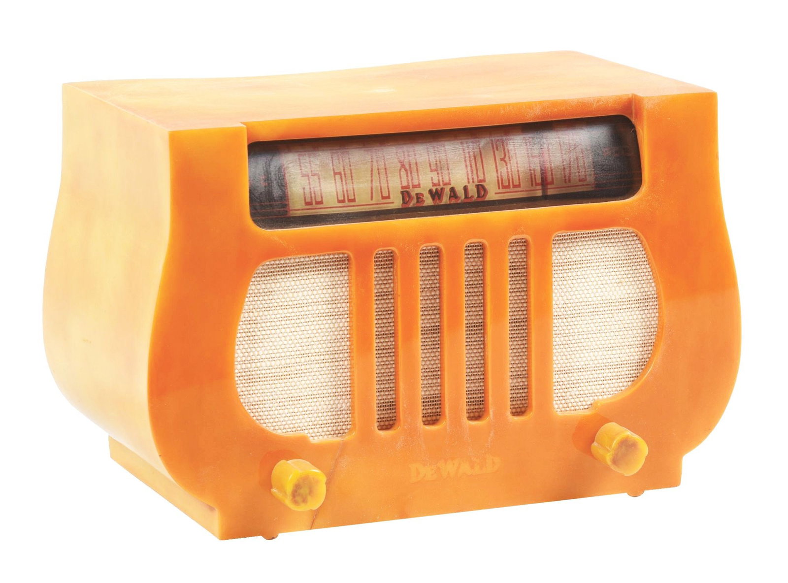 DE WALD CATLIN RADIO: The De Wald Catlin radio is complete with the original knobs, showing no chips, cracks or repairs. It has the original cord, lights and makes sound. Condition: (Good - Very Good) Dimensions: 9 - 3/4" 