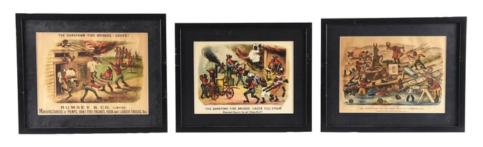 COLLECTION OF 3 DARKTOWN FIRE BRIGADE PAINTED LITHOGRAPH W/ BLACK AMERICANA GRAPHICS
