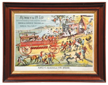 RUMSEY'S BLACKVILLE FIRE BRIGADE PAPER LITHOGRAPH W/ BLACK AMERICANA GRAPHIC