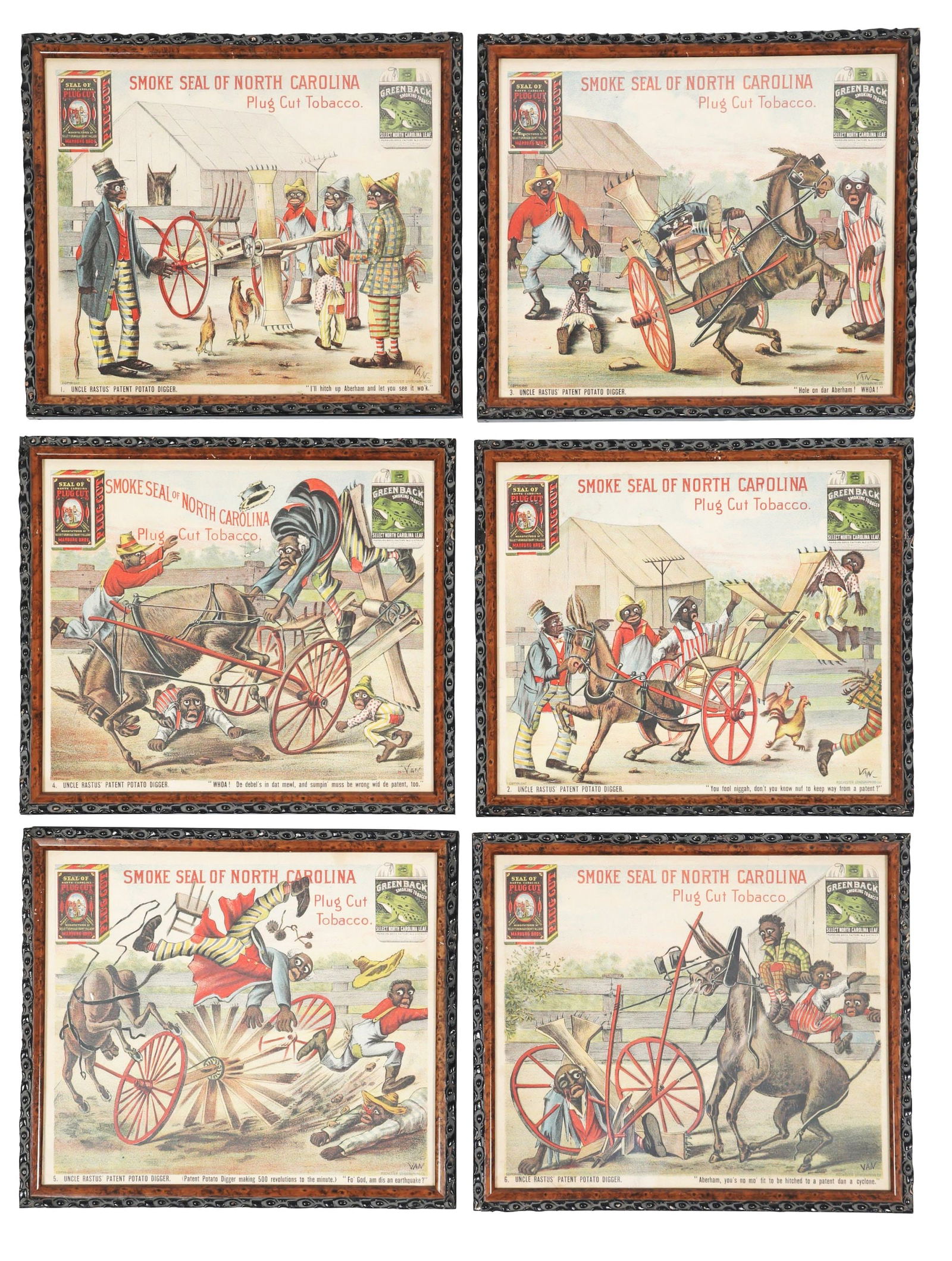 COLLECTION OF 6 SMOKE SEAL OF NORTH CAROLINA PLUG CUT TOBACCO PAPER LITHOGRAPHS W/ BLACK AMERICANA (1 of 4)