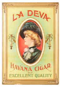 LA DEVA HAVANA CIGAR EMBOSSED TIN LITHOGRAPH W/ BEAUTIFUL WOMAN GRAPHIC