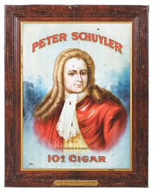PETER SCHUYLER 10¢ CIGARS SELF-FRAMED TIN LITHOGRAPH W/ PETER SCHUYLER GRAPHIC