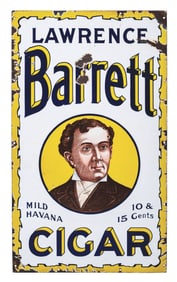 LAWRENCE BARRETT 10¢ CIGAR PORCELAIN SIGN W/ LAWRENCE BARRETT GRAPHIC
