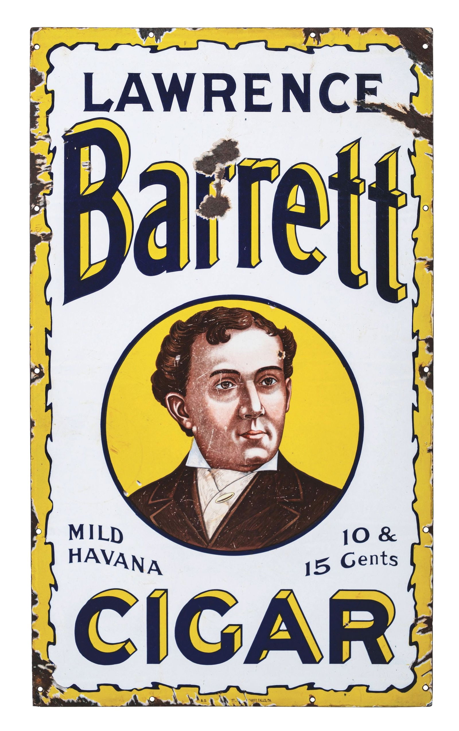 LAWRENCE BARRETT 10¢ CIGAR PORCELAIN SIGN W/ LAWRENCE BARRETT GRAPHIC (1 of 3)