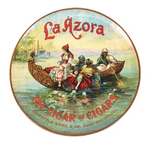 LA AZORA "CIGAR OF CIGARS" TIN LITHOGRAPH CHARGER SIGN W/ EGYPTIAN GRAPHICS