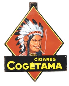 COGETAMA CIGARES PORCELAIN SIGN W/ NATIVE AMERICAN GRAPHIC.