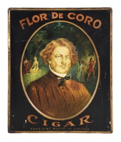 FLOR DE CORO CIGAR SELF-FRAMED TIN LITHOGRAPH W/ PORTRAIT GRAPHIC