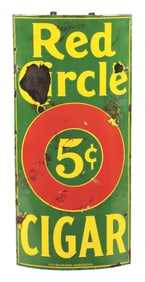 RED CIRCLE 5¢ CIGAR PORCELAIN CORNER SIGN W/ 5 CENT GRAPHIC