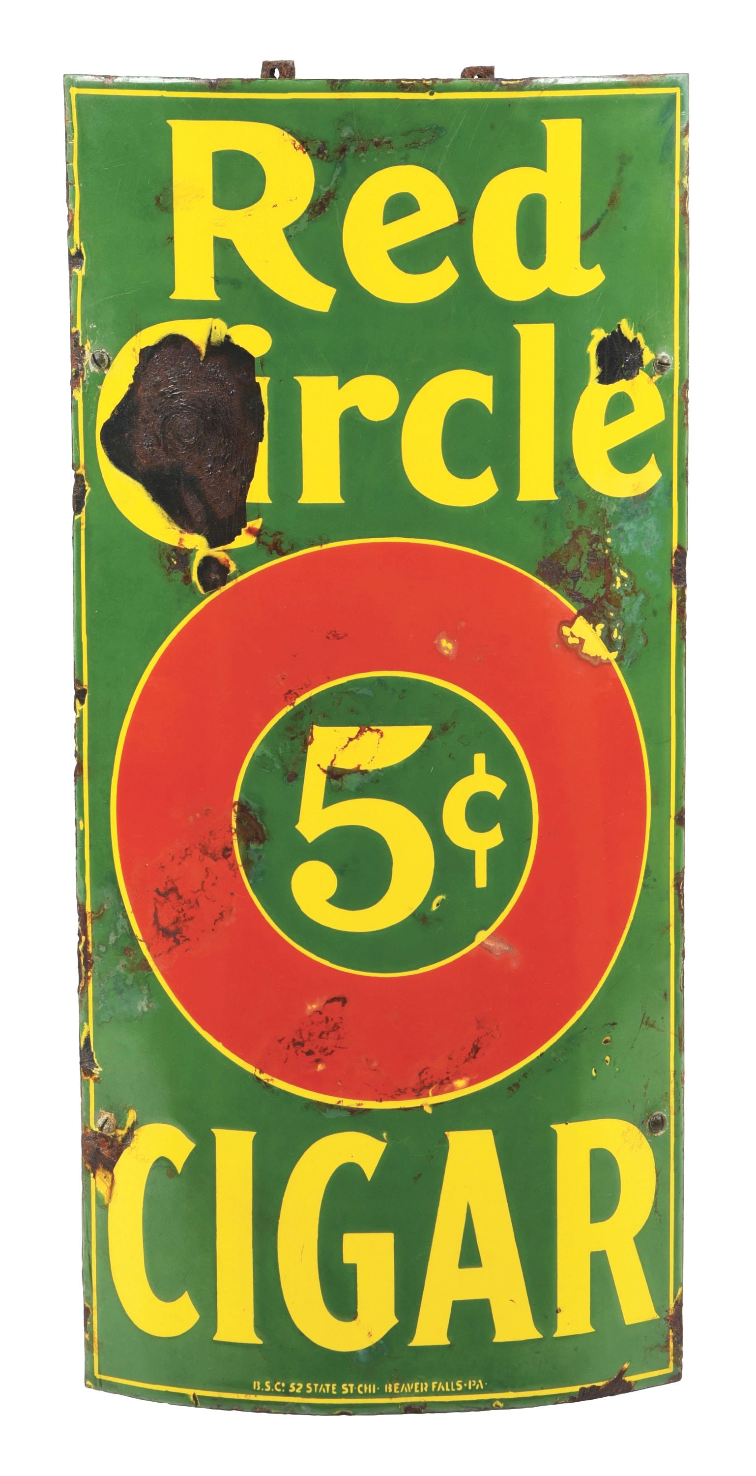 RED CIRCLE 5¢ CIGAR PORCELAIN CORNER SIGN W/ 5 CENT GRAPHIC (1 of 3)