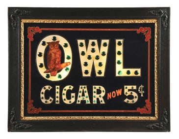 OWL CIGAR NOW 5¢ REVERSE PAINTED GLASS LIGHTED COUNTERTOP DISPLAY W/ OWL GRAPHIC