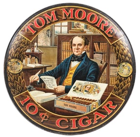 TOM MOORE "10¢ CIGAR" TIN LITHOGRAPH CHARGER SIGN