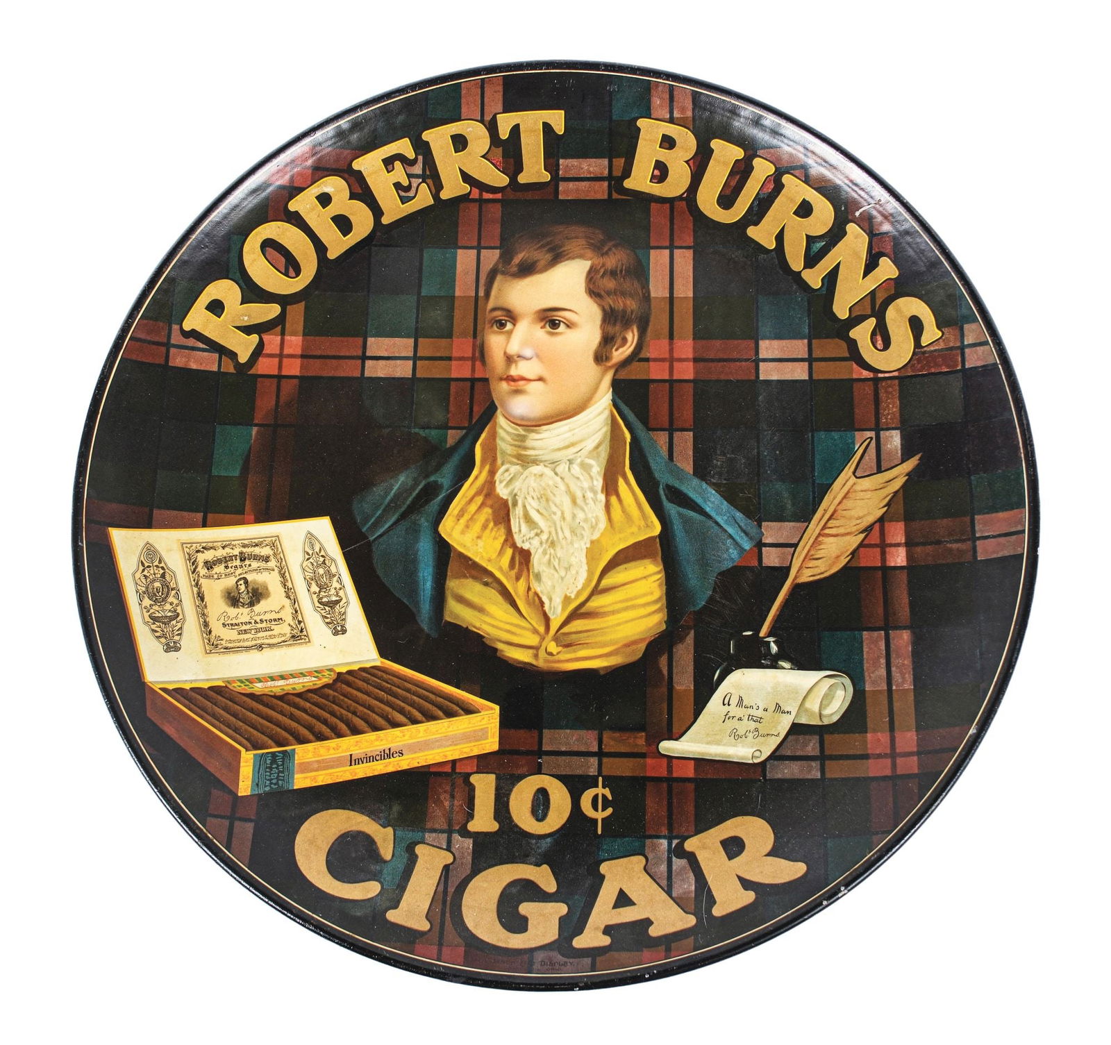 ROBERT BURNS "10¢ CIGAR" TIN LITHOGRAPH CHARGER SIGN W/ ROBERT BURNS GRAPHIC (1 of 3)