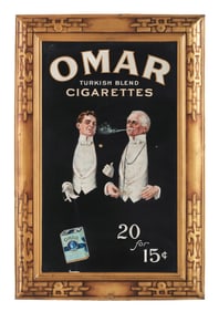SELFFRAMED "OMAR CIGARETTES" TIN ADVERTISING SIGN