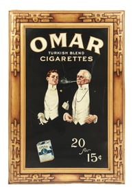 OMAR TURKISH BLEND CIGARETTES SELF-FRAMED TIN LITHOGRAPH W/ GENTLEMAN SMOKING GRAPHIC