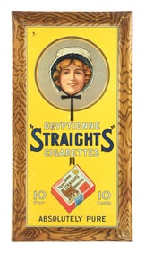 EGYPTIENNE "STRAIGHTS" CIGARETTES TIN OVER CARDBOARD SIGN W/ CIGARETTE PACK GRAPHIC