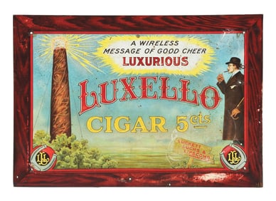 LUXELLO CIGAR TIN OVER CARDBOARD EASEL BACK SIGN W/ CIGAR GRAPHIC