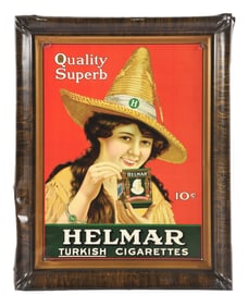 10¢ HELMAR TURKISH CIGARETTES SELF-FRAMED TIN LITHOGRAPH SIGN W/ WOMAN GRAPHIC
