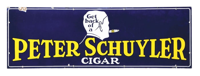 PETER SCHUYLER CIGAR PORCELAIN SIGN W/ GENTLEMAN SMOKING GRAPHIC