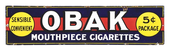 OBAK MOUTHPIECE CIGARETTES PORCELAIN SIGN W/ 5 CENT LOGO