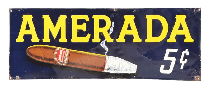 5¢ AMERADA CIGAR EMBOSSED TIN SIGN W/ CIGAR GRAPHIC
