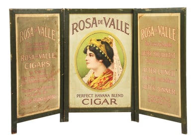 ROSA DE VALLEY CIGARS 3-PIECE STORE FRONT MASONITE SIGN W/ ROSA DE VALLE GRAPHIC