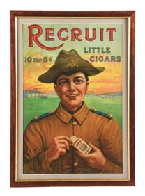 RECRUIT LITTLE CIGARS CARDBOARD LITHOGRAPH W/ SOLDIER GRAPHIC