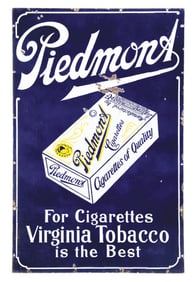 PIEDMONT CIGARETTES PORCELAIN SIGN W/ CIGARETTE PACK GRAPHIC.