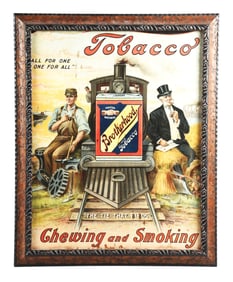 BROTHERHOOD CHEWING TOBACCO SIGN W/ RAILROAD TRAIN GRAPHIC