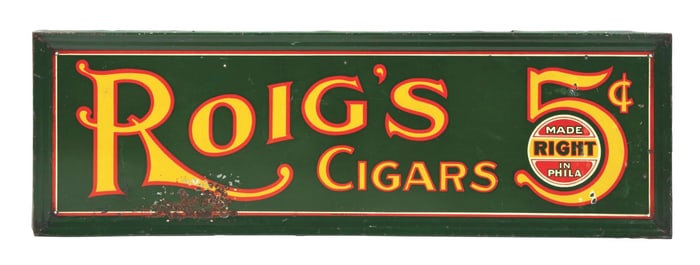 ROLIG'S CIGARS SELF-FRAMED TIN SIGN W/ 5 CENT LOGO