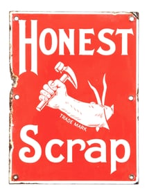 HONEST SCRAP TOBACCO PORCELAIN SIGN W/ HAMMER GRAPHIC