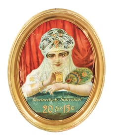 FATIMA CIGARETTES SINGLE-SIDED TIN LITHOGRAPH SIGN W/ TURKISH FEMALE GRAPHIC