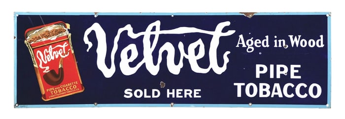 VELVET PIPE TOBACCO SOLD HERE PORCELAIN SIGN W/ TOBACCO PACK GRAPHIC