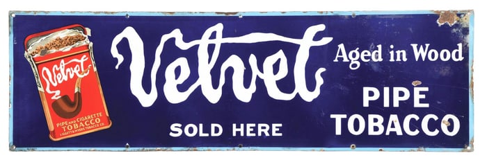 VELVET PIPE TOBACCO PORCELAIN SIGN W/ TOBACCO TIN GRAPHIC.