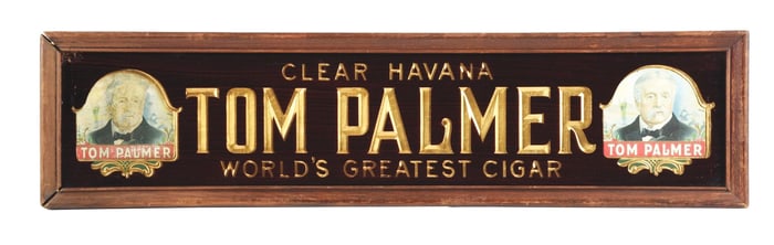 TOM PALMER CLEAR WORLD'S GREATEST CIGAR REVERSE-PAINTED GLASS SIGN. SIGN W/ TOM PALMER GRAPHIC