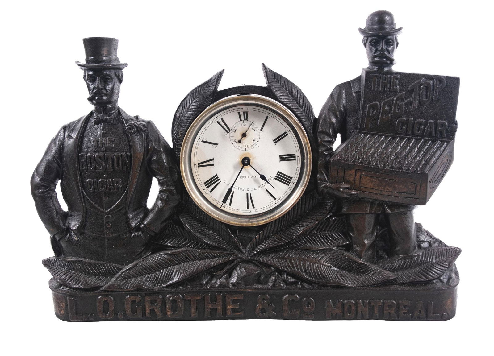CAST IRON FIGURAL MATEL CLOCK ADVERTISING PEG TOP CIGARS (1 of 5)