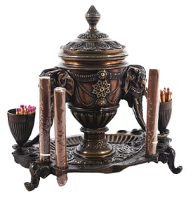 PHENOMENAL CAST BRONZE DESKTOP CIGAR & MATCH HOLDER W/ ASHTRAY