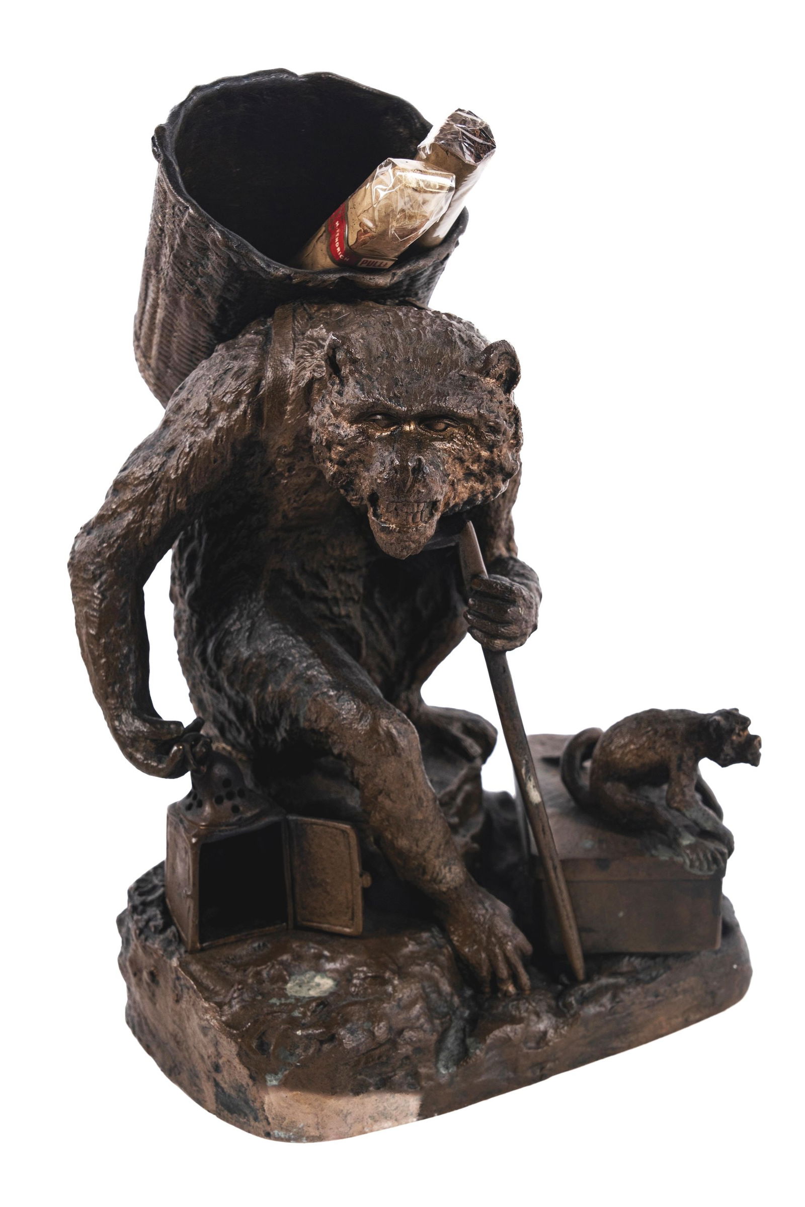 CAST BRONZE CIGAR & MATCH HOLDER IN THE FORM OF A LARGE & SMALL MONKEY: Another phenomenal bronze casting, this time showing an oversized monkey carrying a lantern and with a basket on its back to hold cigars. On the ground to his left, there is a small chest with a small