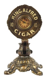 CAST IRON CIGAR CUTTER W/ CLOCK ADVERTISING KING ALFRED CIGARS