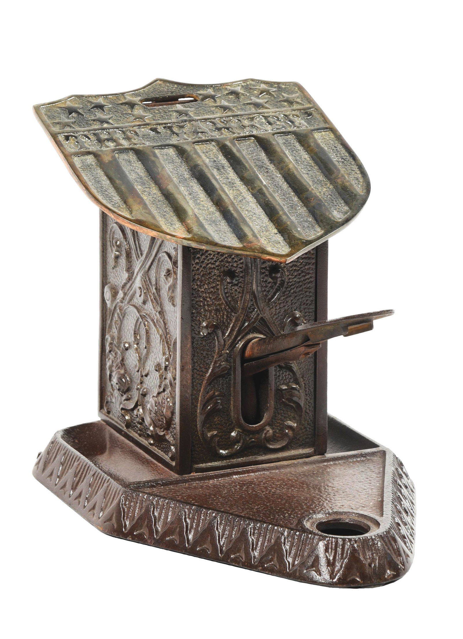 CAST IRON YANKEE MATCH DISPENSER & CIGAR CUTTER: This is a cast iron cigar cutter with match dispenser, made by the Northwestern Company in Morris, Illinois, advertising the Yankee. When the handle is depressed to nip your cigar, it would push a mat