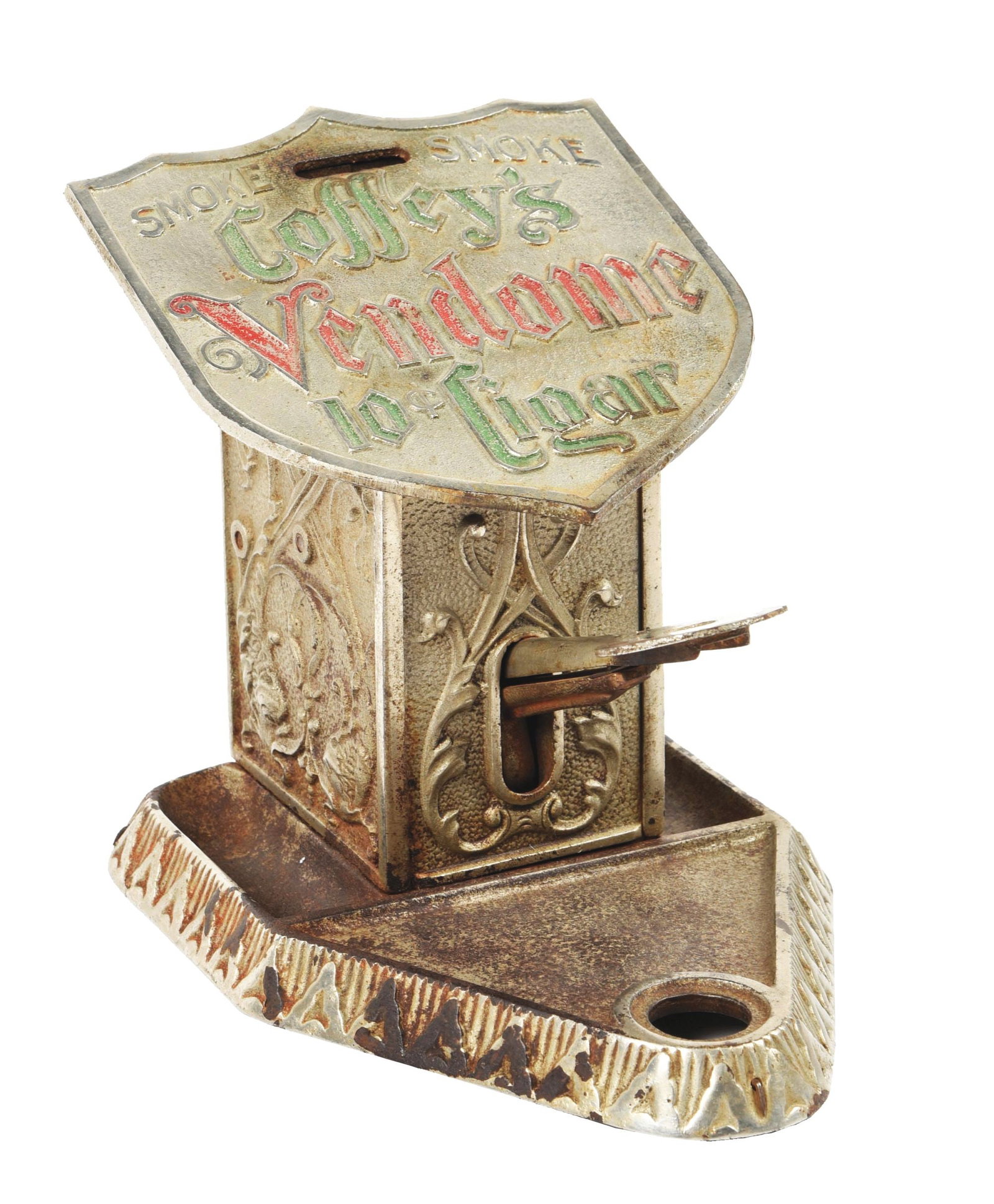 CAST IRON CIGAR CUTTER W/ MATCH DISPENSER ADVERTISING COFFEY'S VENDOME CIGARS: This cast iron cigar cutter and match dispenser was made by the Northwestern Company, advertising Coffey's Vendome 10¢ Cigars. When the front lever is depressed to nip your cigar, it pushes a mat