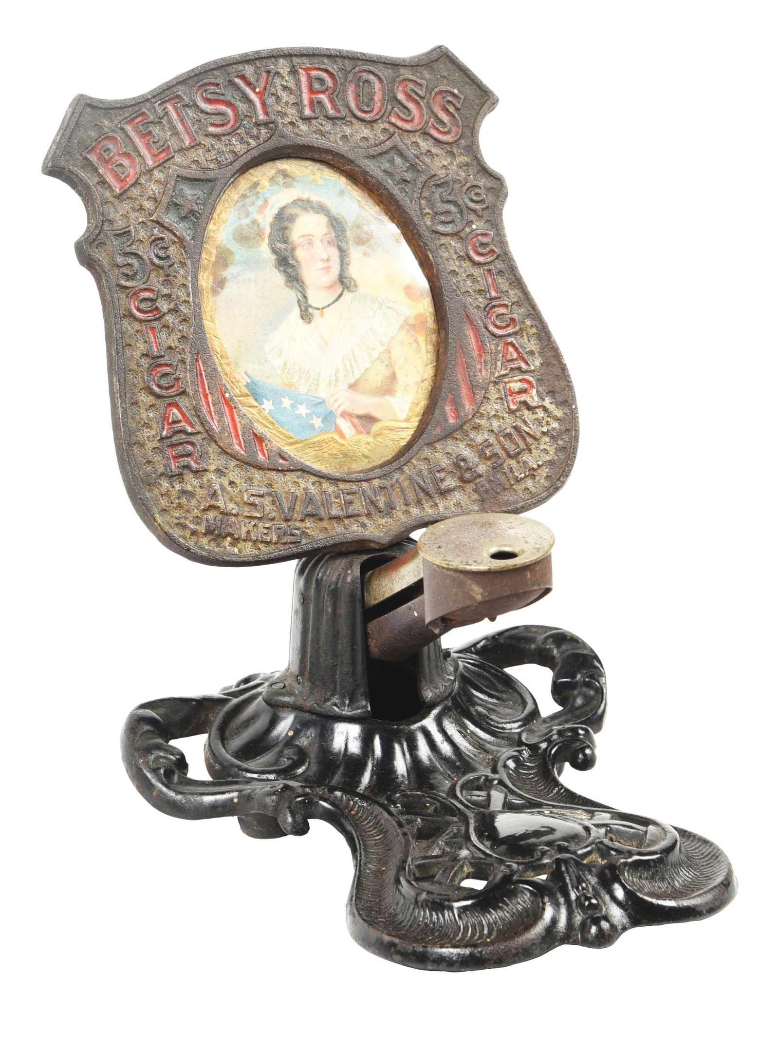 CAST IRON COUNTERTOP CIGAR CUTTER ADVERTISING BETSY ROSS CIGARS (1 of 7)